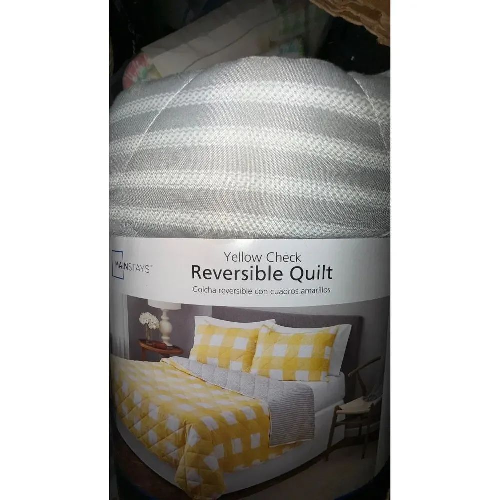 Mainstays Check Yellow Gingham Polyester Quilt  Full/Queen  Reversible